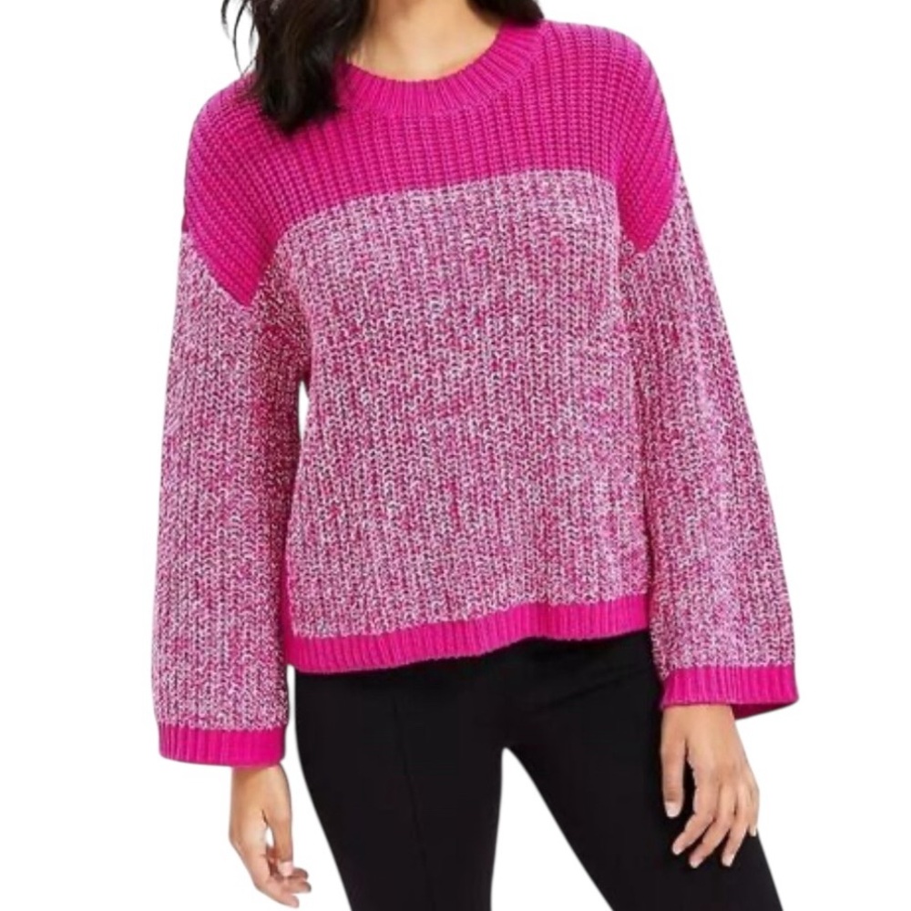 Lou & Grey Marled Sweater Women S Preppy Cozy Pink White‎ Crew Neck Vibrant NWT